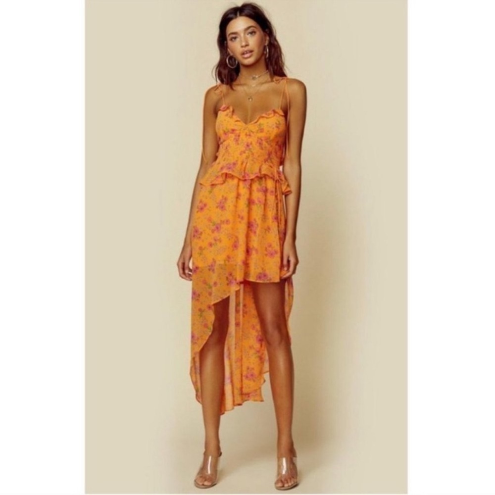 NWT For Love & Lemons Peony Asymmetric High-Low Floral Orange Maxi Dress Small